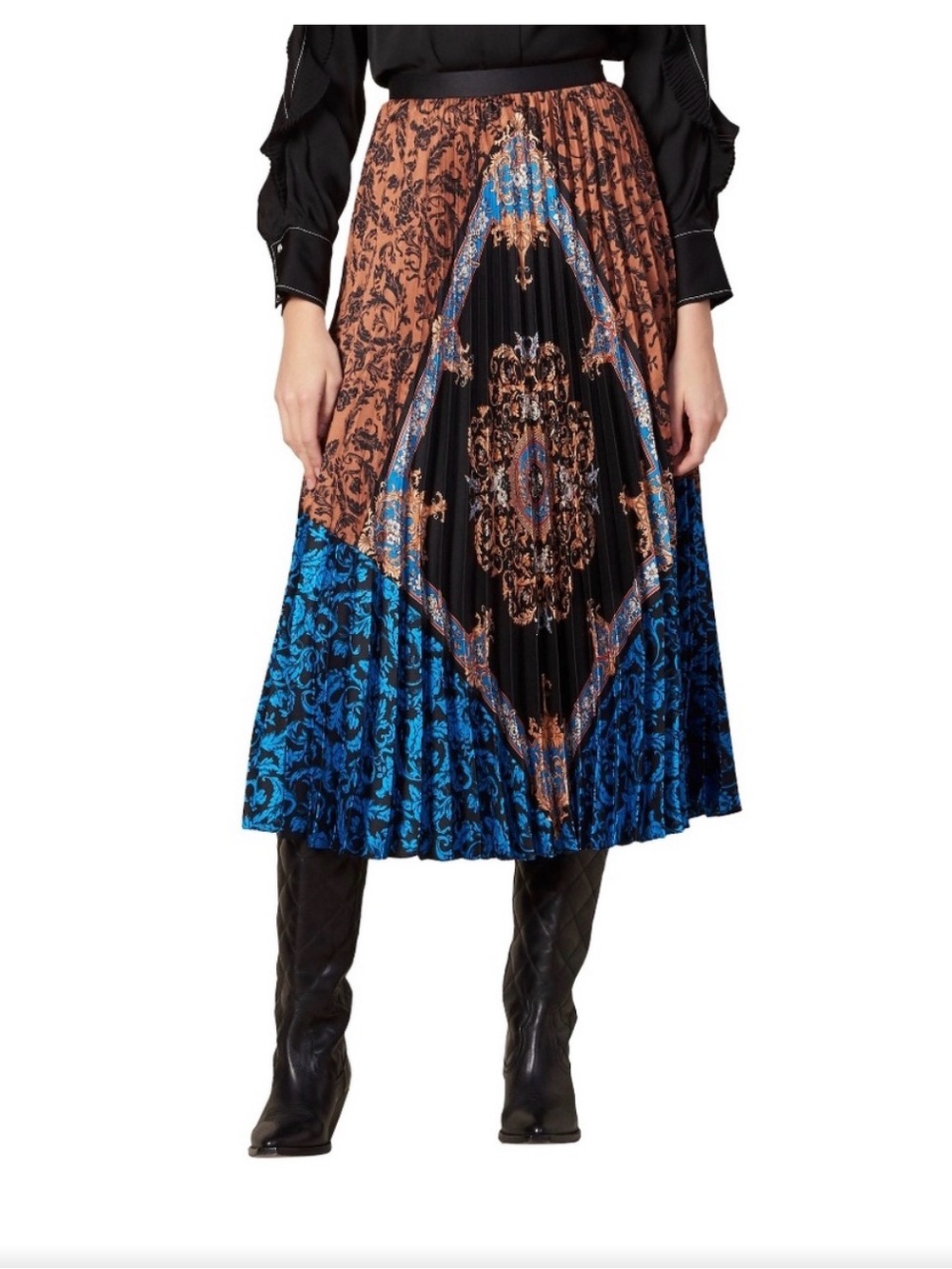 Sandro Ivona Mixed Scarf Print Pleated Midi Skirt Size 0 XS - Picture 1 of 4